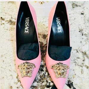 Versace Silver Medusa and English Rose Pink Leather Herls Authentic & New Sz 36